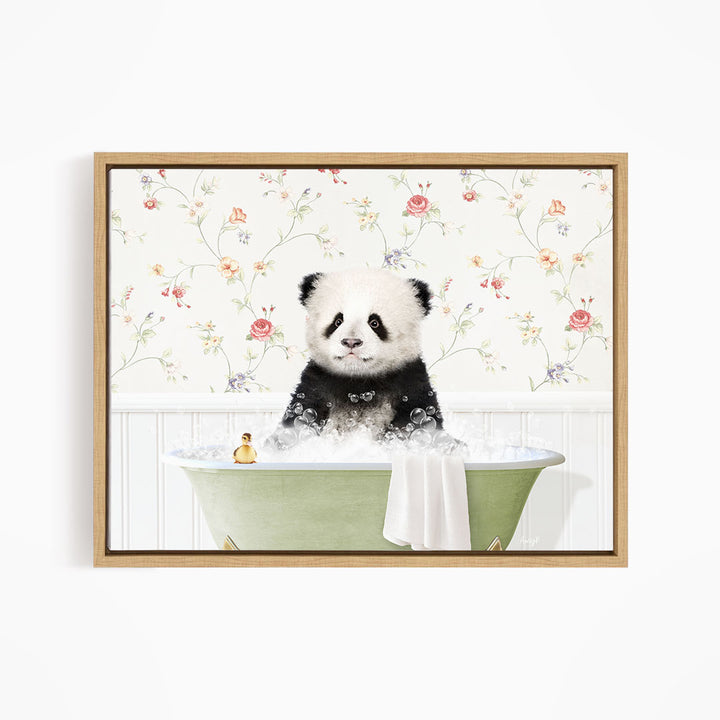 A panda bear sitting in a green bathtub filled with bubbles, surrounded by a floral wallpaper.