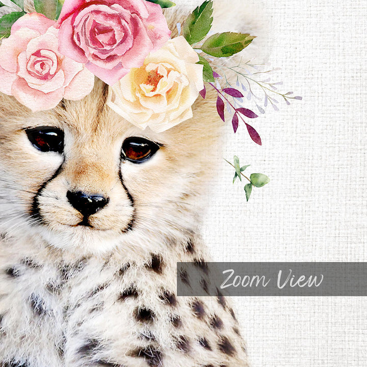A close-up of a cheetah's face, with its distinctive spotted fur and large, expressive eyes, adorned with a floral crown of pink and yellow roses.