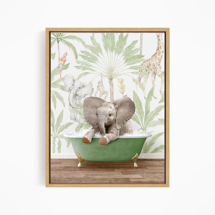 A baby elephant sitting in a green bathtub, surrounded by tropical foliage and other animals, such as a giraffe and a parrot.