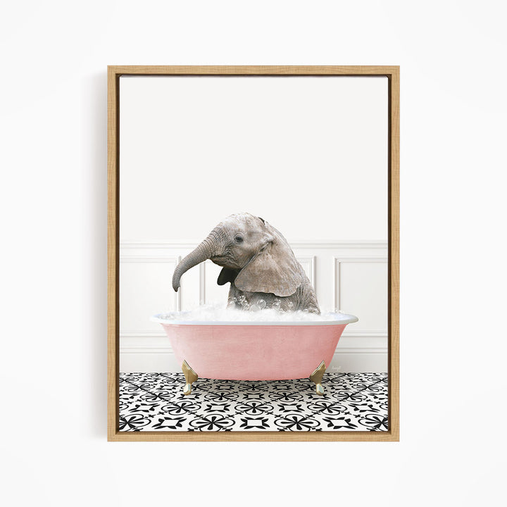 A gray elephant is sitting in a pink bathtub filled with water, surrounded by a black and white patterned floor.