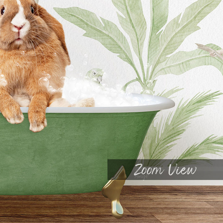 A rabbit sitting in a green bathtub filled with bubbles, with a palm tree and bird in the background.