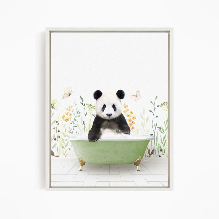 A panda bear sitting in a green bathtub surrounded by flowers and butterflies.