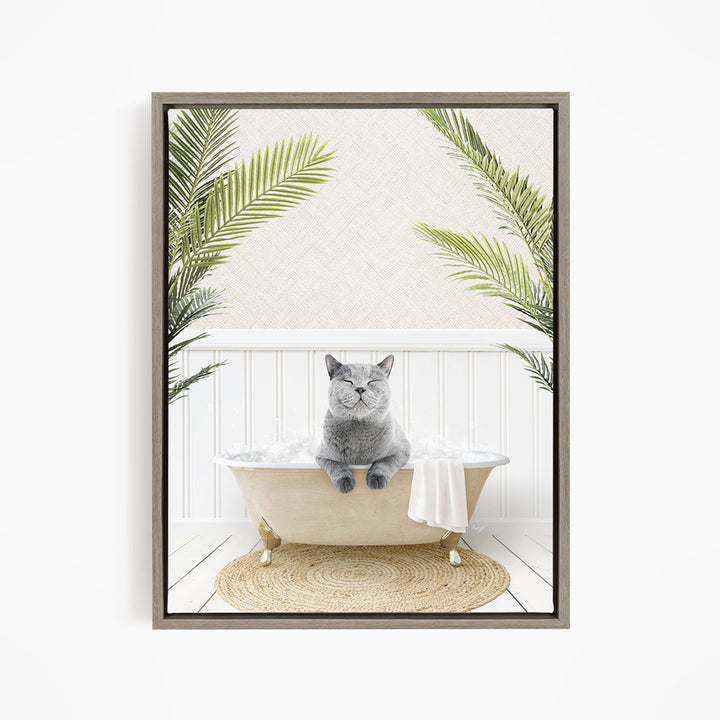 A gray cat sitting in a bathtub filled with bubbles, surrounded by green palm leaves, creating a whimsical and relaxing scene.