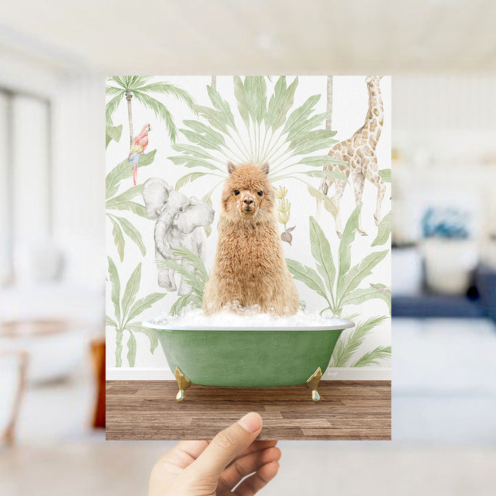 A hand holds up a framed image depicting a small brown dog sitting in a green bathtub, surrounded by tropical foliage and animals.