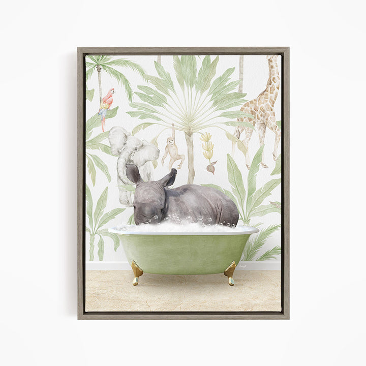 A rhinoceros is taking a bath in a green bathtub, surrounded by tropical foliage and animals, including a giraffe and a parrot.