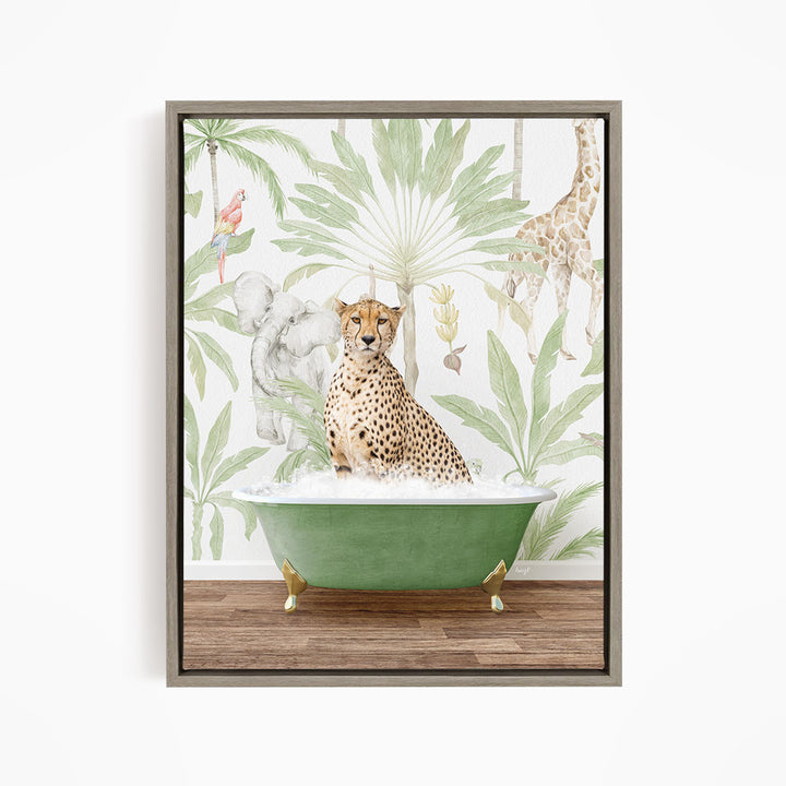 A cheetah sitting in a green bathtub, surrounded by a tropical jungle wallpaper with various animals and plants.