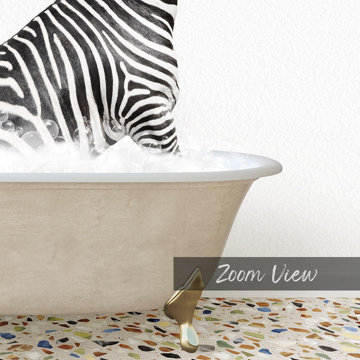 A zebra standing in a bathtub filled with water, with a text overlay that reads "Zoom View".