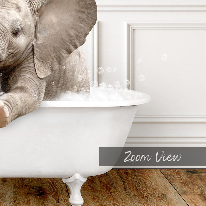 A baby elephant sitting in a white bathtub filled with bubbles, creating a whimsical and playful scene.