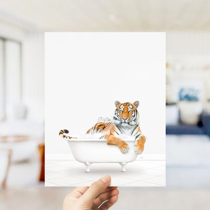 A tiger is sitting in a bathtub filled with water, appearing relaxed and enjoying the experience.