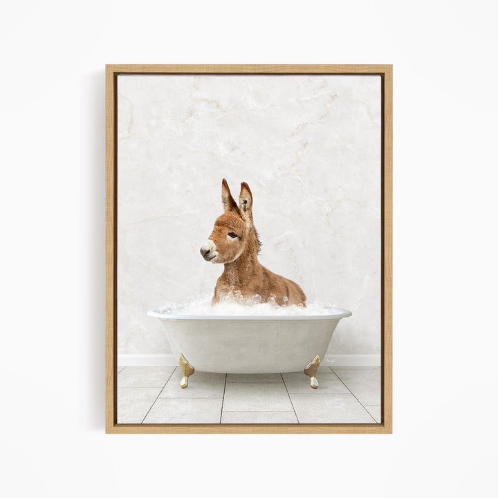 A donkey is sitting in a white bathtub filled with water, creating a playful and whimsical scene.