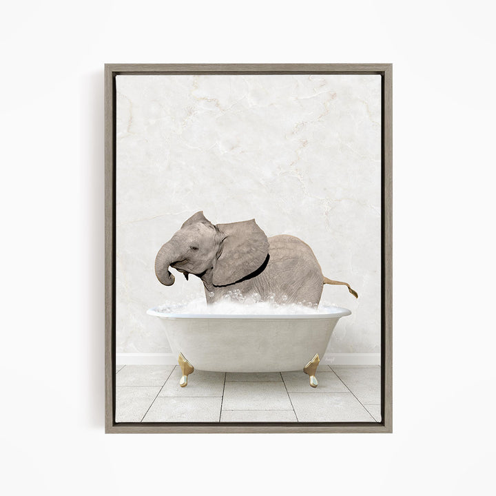 A gray elephant is sitting in a white bathtub filled with water, creating a whimsical and playful scene.