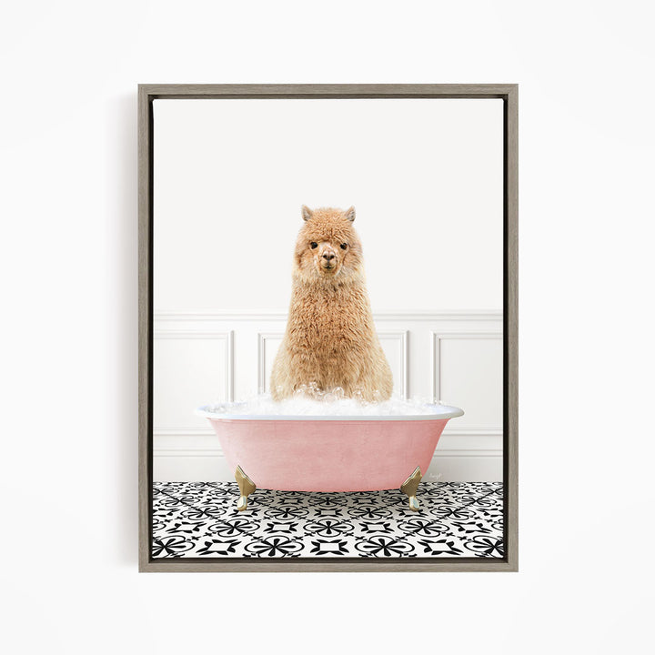 A fluffy brown dog sitting in a pink bathtub filled with bubbles, surrounded by a black and white patterned floor.