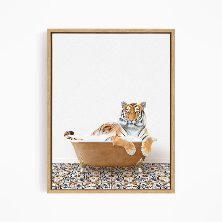 A tiger is sitting in a bathtub filled with water, surrounded by a patterned tile floor.