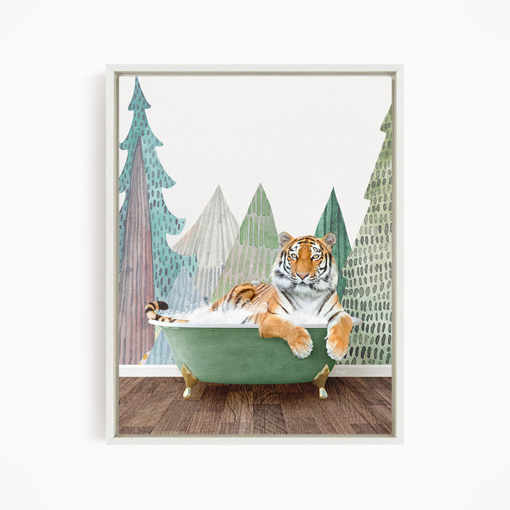A tiger is sitting in a green bathtub, surrounded by a forest scene with trees and a misty atmosphere.