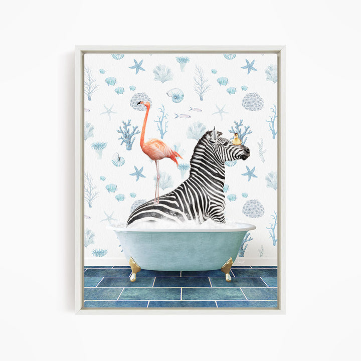 A zebra is sitting in a bathtub filled with water, accompanied by a pink flamingo standing on its back.
