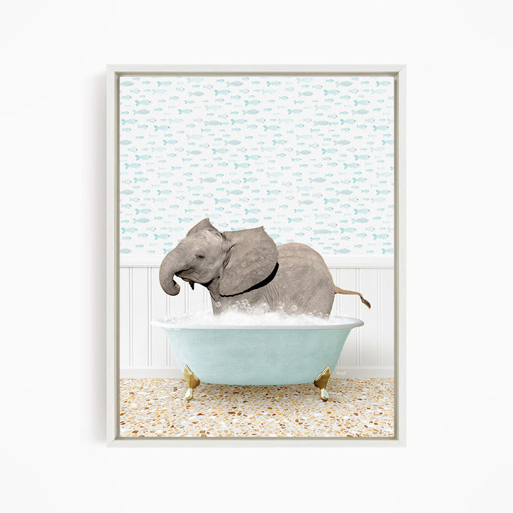 A gray elephant is sitting in a light blue bathtub filled with water, surrounded by a pattern of small fish.