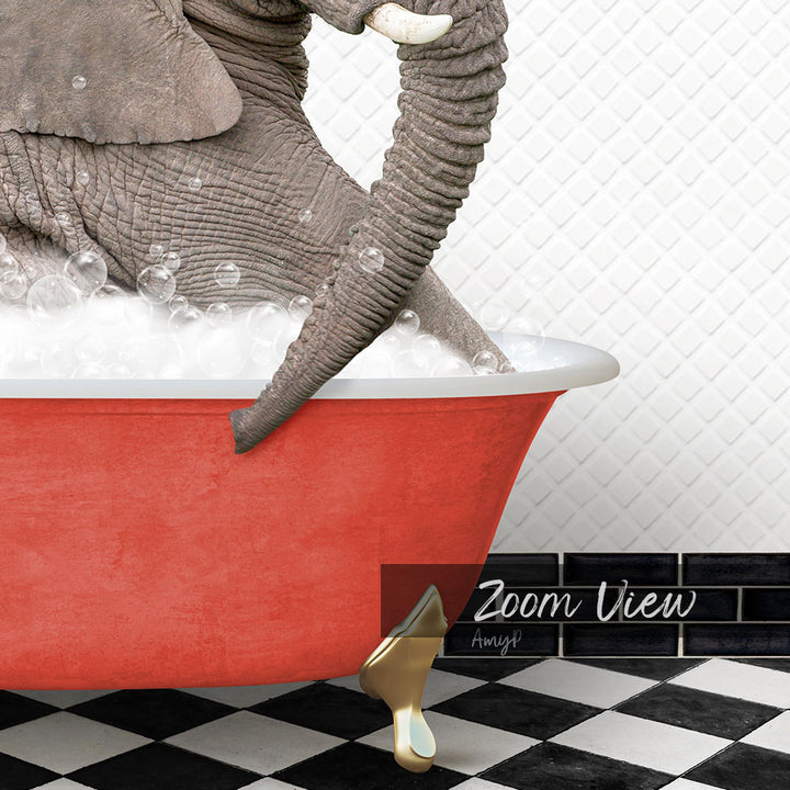 A large gray elephant is sitting in a red bathtub filled with bubbles, with a black and white checkered floor in the background.