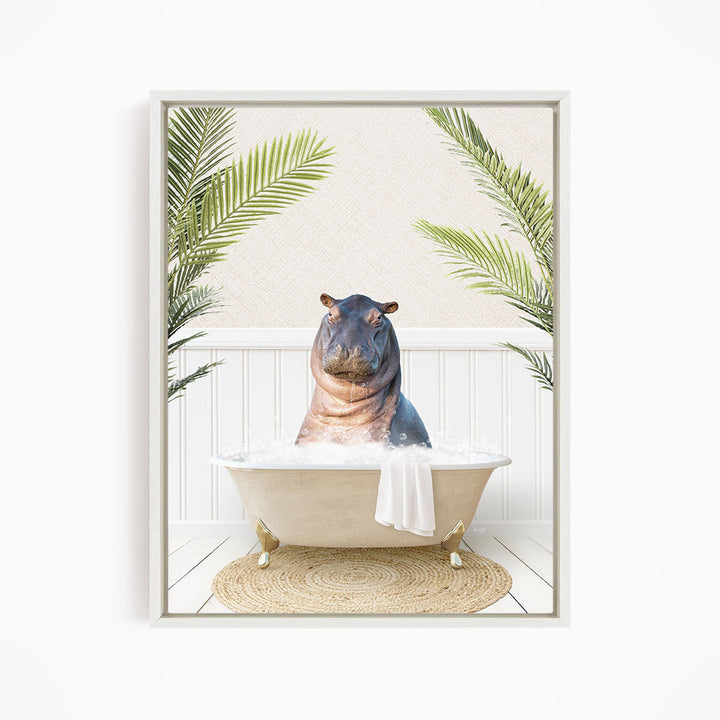 A hippopotamus sitting in a bathtub filled with water, surrounded by palm leaves.