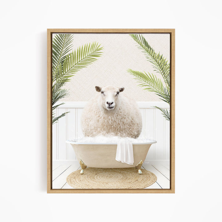 A fluffy white sheep sits in a bathtub filled with bubbles, surrounded by lush green palm leaves.