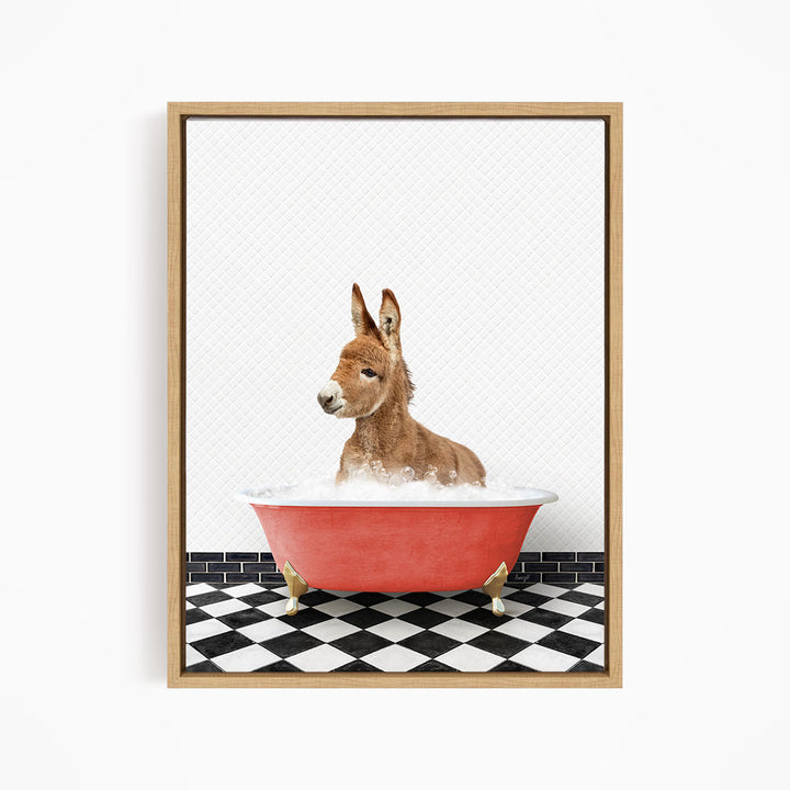 A donkey is sitting in a red bathtub filled with water, surrounded by a black and white checkered floor.