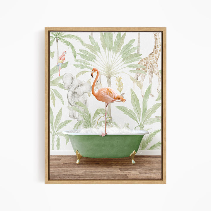 A framed print depicting a pink flamingo standing on a green bathtub, surrounded by tropical foliage and animals, including a giraffe and an elephant.