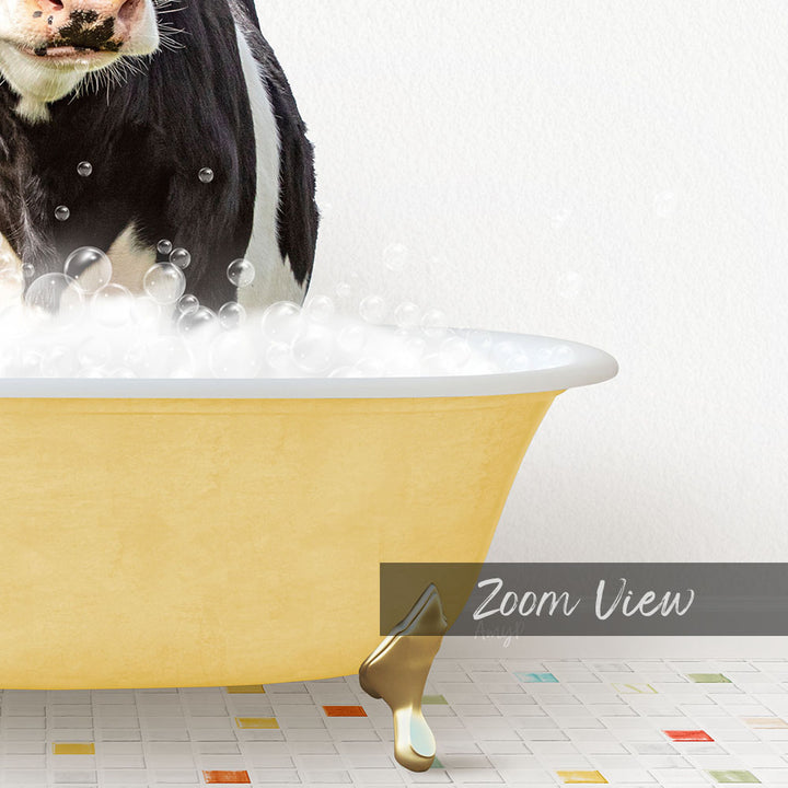 A black and white cow standing in a yellow bathtub filled with bubbles, with a "Zoom View" label below the image.