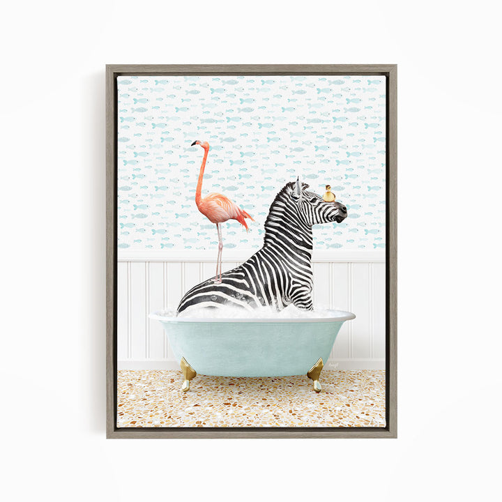 A zebra is sitting in a bathtub, surrounded by a pink flamingo and a bird, creating a whimsical and playful scene.
