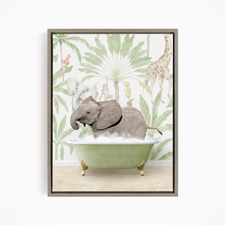 A baby elephant sitting in a green bathtub, surrounded by tropical foliage and animals, including a giraffe and a parrot.