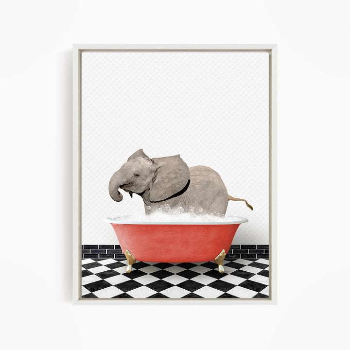 A gray elephant is sitting in a red bathtub on a black and white checkered floor.