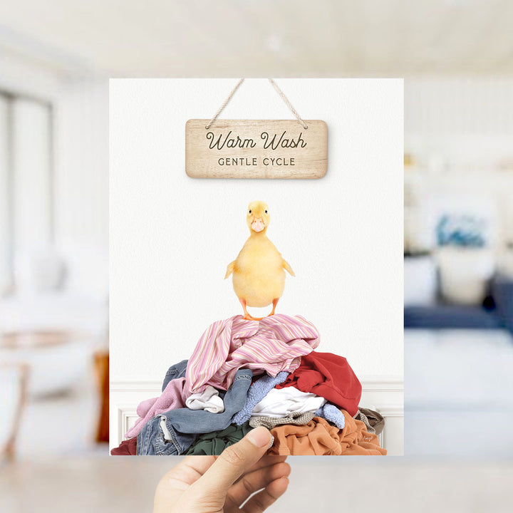 A hand holding a sign that says "Warm Wash Gentle Cycle" above a pile of clothes with a duck standing on top.