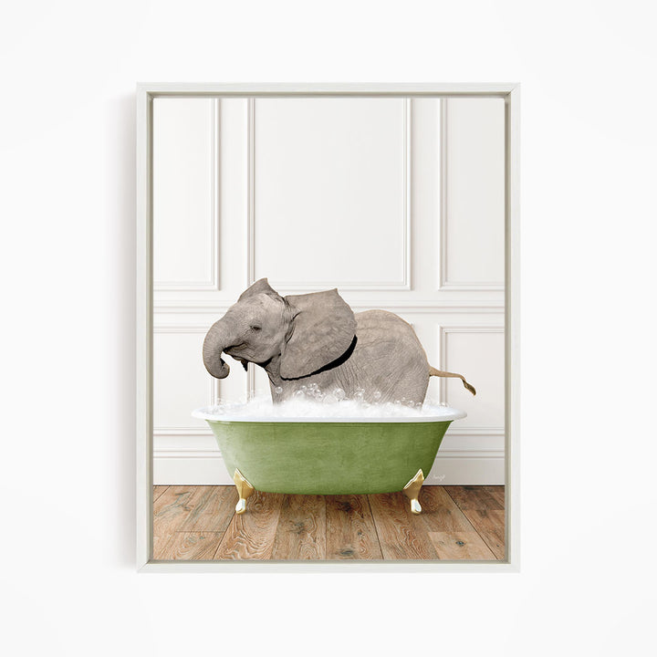 A gray elephant is sitting in a green bathtub filled with water, creating a whimsical and playful scene.