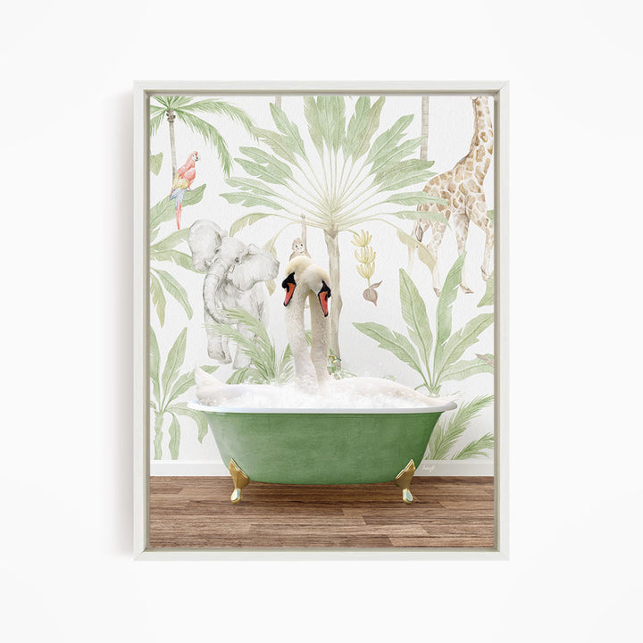 A green bathtub filled with bubbles, surrounded by a tropical wallpaper with various animals, including a giraffe, elephant, and swan.