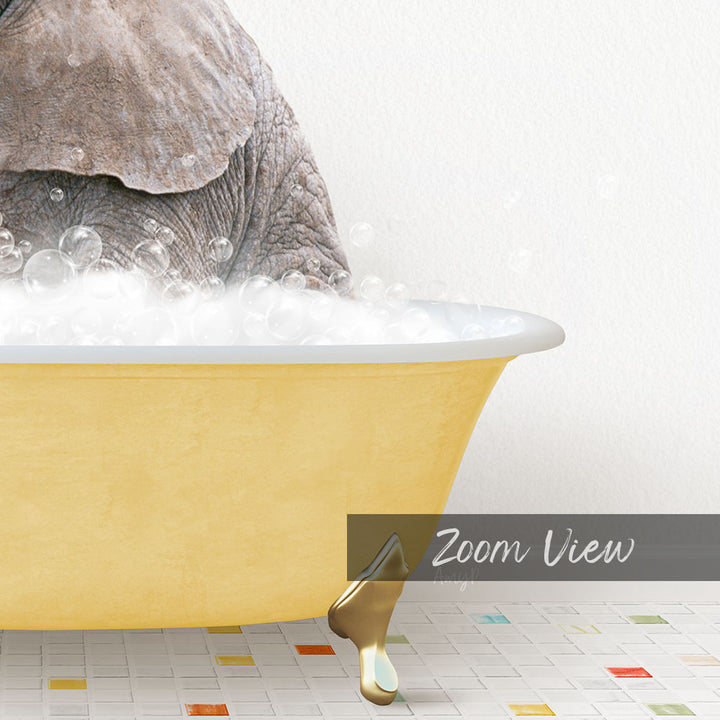A close-up of a yellow bathtub filled with bubbles, with a large elephant partially submerged in the water.