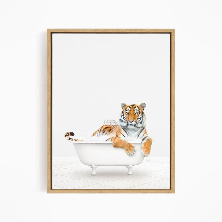 A tiger is sitting in a white bathtub, appearing relaxed and comfortable.