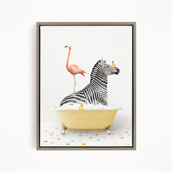 A zebra is sitting in a yellow bathtub, with a pink flamingo standing on its back legs and a rubber duck floating in the water.