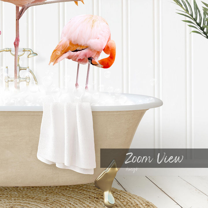 A pink flamingo standing in a bathtub filled with water, surrounded by a towel and a plant.
