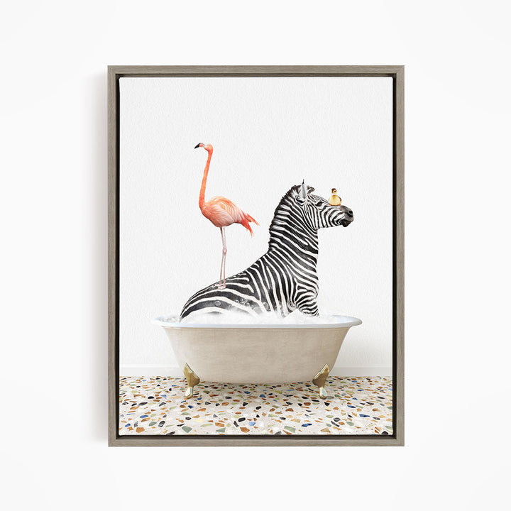 A zebra is sitting in a bathtub, with a pink flamingo standing on its back legs and a bird perched on its head.
