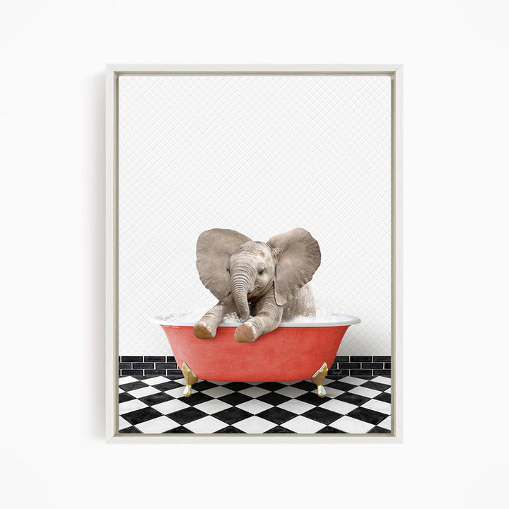 A baby elephant sitting in a red bathtub filled with water, surrounded by a black and white checkered floor.