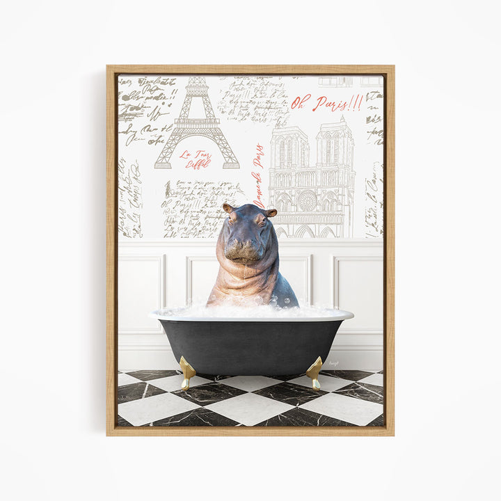 A framed image depicting a hippopotamus sitting in a bathtub, surrounded by various Paris-themed elements such as the Eiffel Tower and other iconic landmarks.