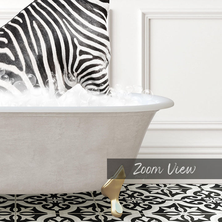 A white bathtub filled with bubbles, with a zebra's head partially submerged in the water.