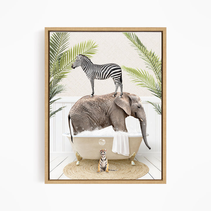 A zebra stands on the back of an elephant, which is sitting in a bathtub, with a tiger sitting on the edge of the tub.