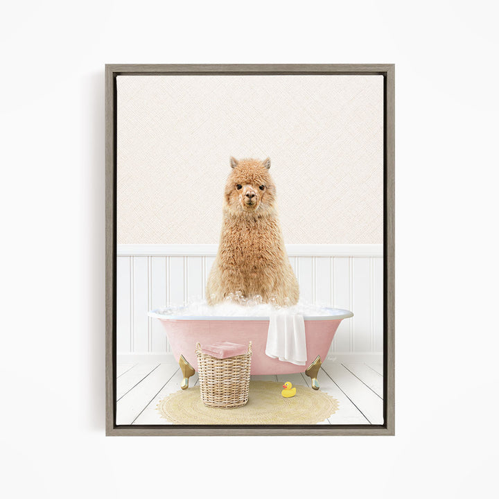 A fluffy brown dog sitting in a pink bathtub filled with bubbles, surrounded by a yellow rubber duck and a wicker basket.