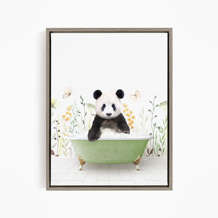 A panda bear sitting in a green bathtub surrounded by flowers and butterflies.
