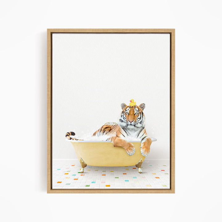 A tiger is sitting in a yellow bathtub, wearing a yellow crown and surrounded by colorful tiles on the floor.