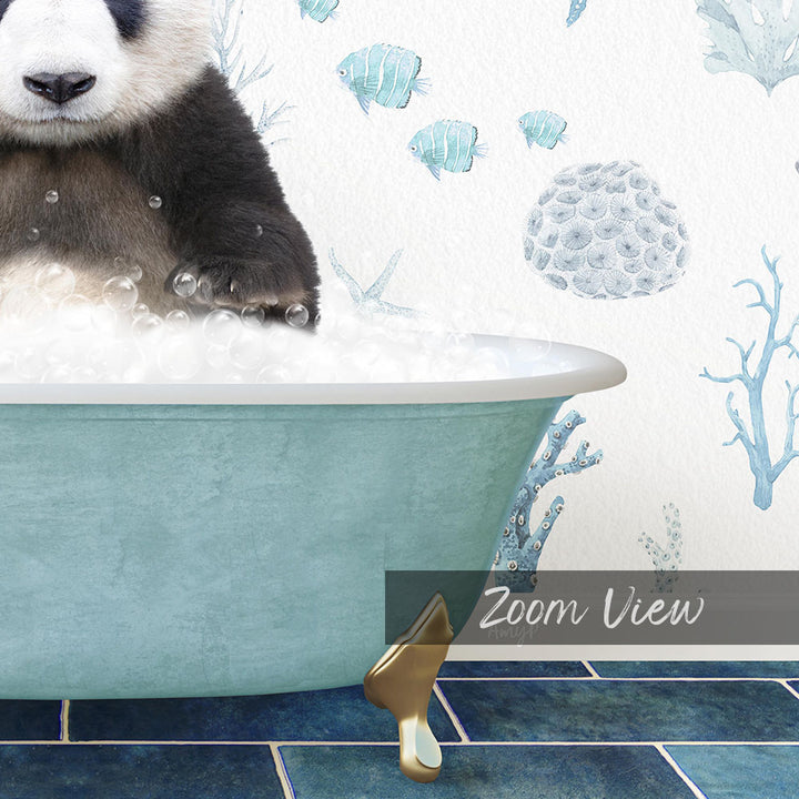 A panda sitting in a bathtub filled with bubbles, surrounded by a blue and white underwater scene with fish and coral.