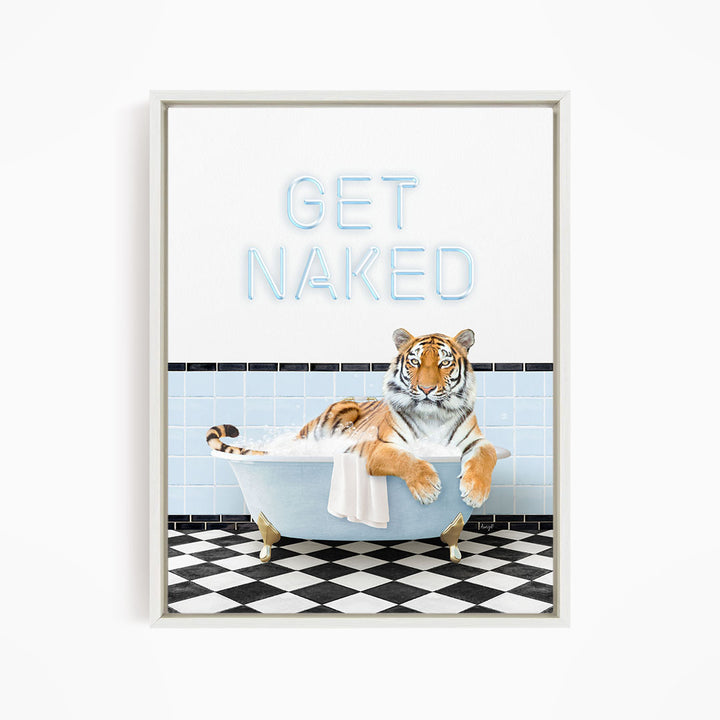 A tiger sitting in a bathtub with the text "GET NAKED" displayed above it.