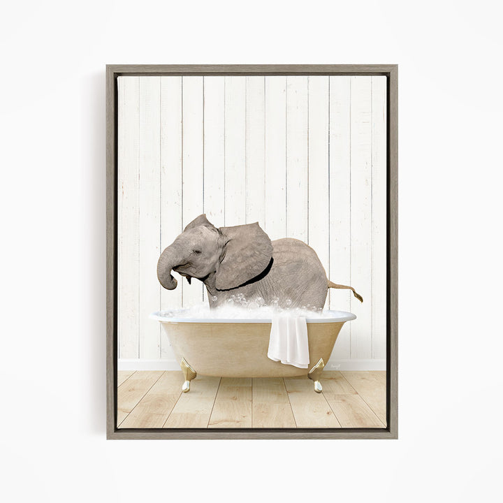 A baby elephant sitting in a bathtub filled with water, surrounded by a wooden wall and a white background.