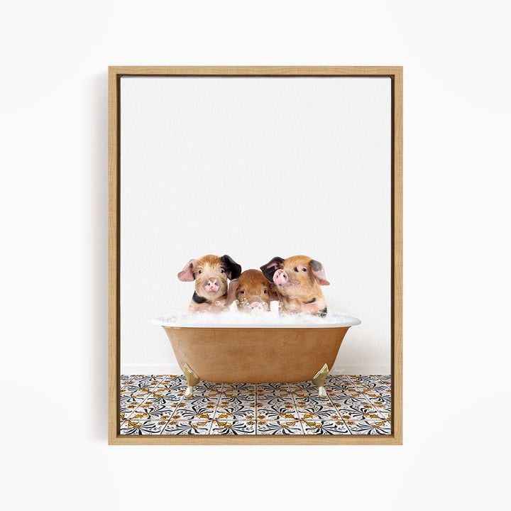 Three adorable pigs sitting in a bathtub filled with water, creating a playful and whimsical scene.