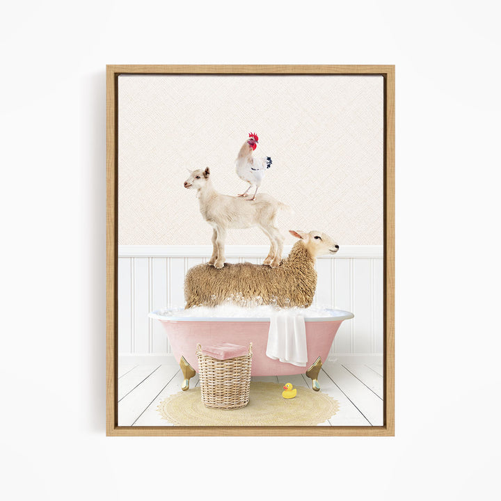 A framed image depicting a sheep standing on a pink bathtub, with a chicken perched on top, and a lamb sitting on the tub's edge.