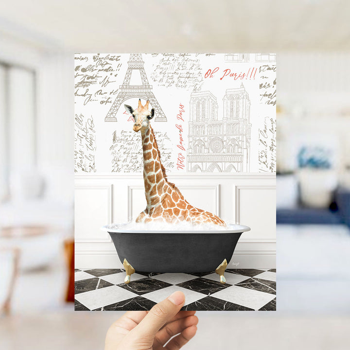A giraffe sitting in a bathtub filled with bubbles, surrounded by various Paris-themed elements such as the Eiffel Tower and the Notre-Dame Cathedral.